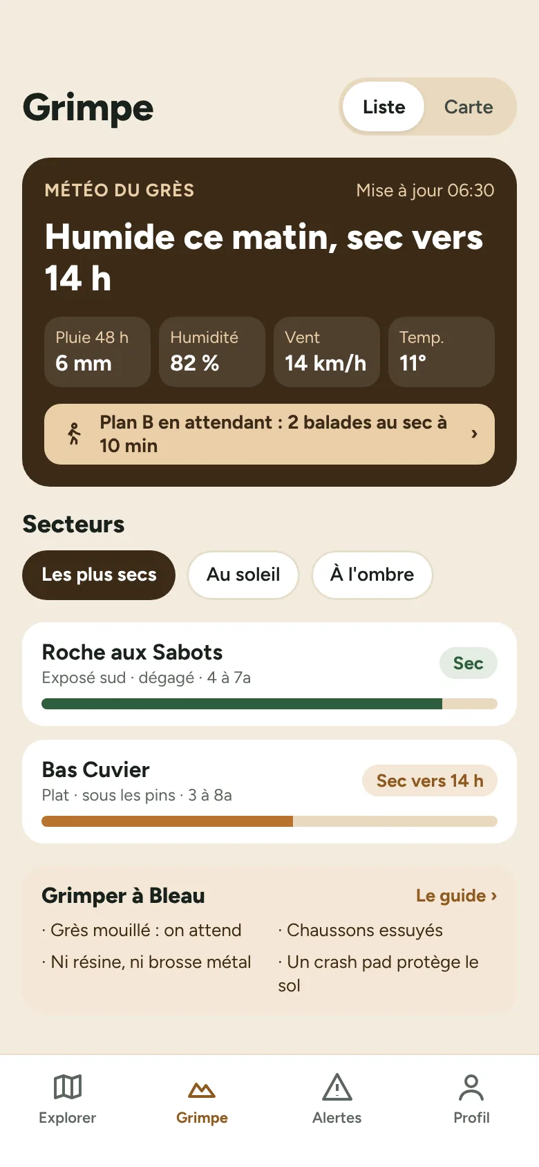 Écran Grimpe : secteurs de bloc et météo du grès