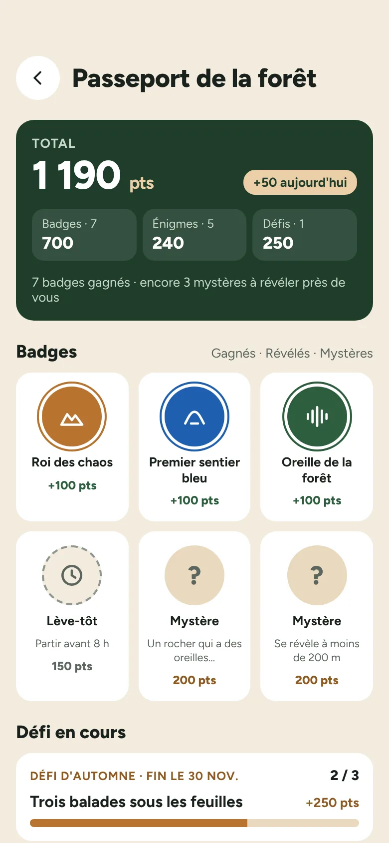 Passeport de la forêt : points, badges gagnés, badges mystères et défi de saison